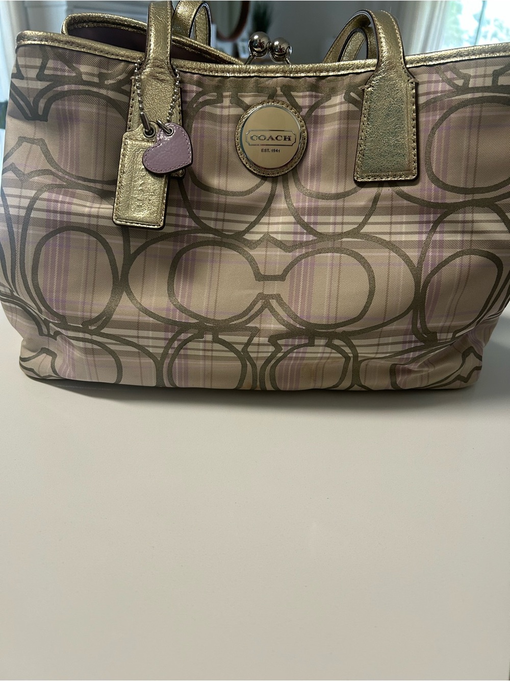 LIKE NEW with Tag! Coach Pink Plaid Signature Tote with Metallic Gold Accents